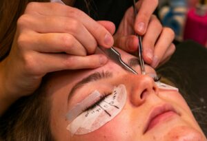 A detailed view of a lash extension beauty procedure with close-up on tools and eye.