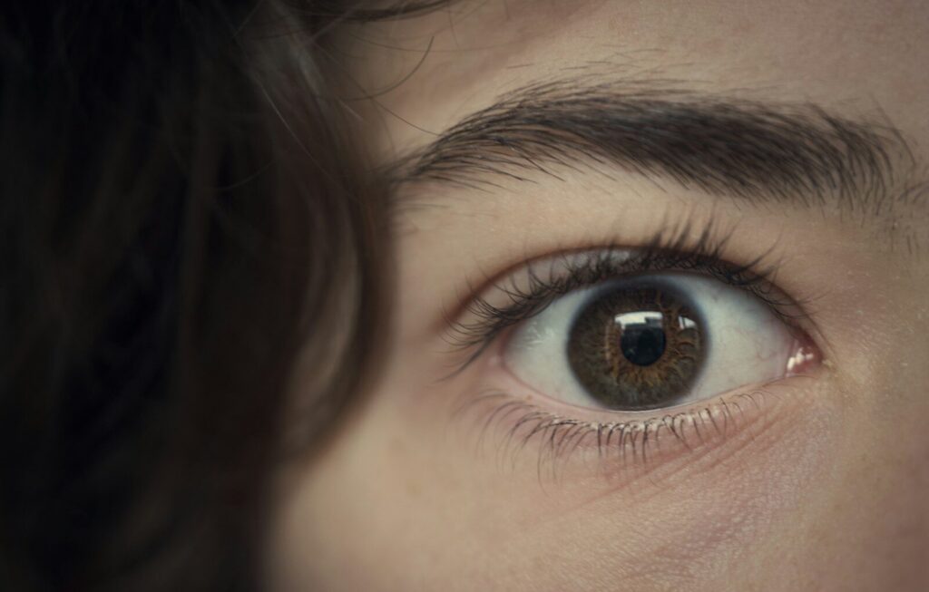 Close-up of a human eye with brown iris